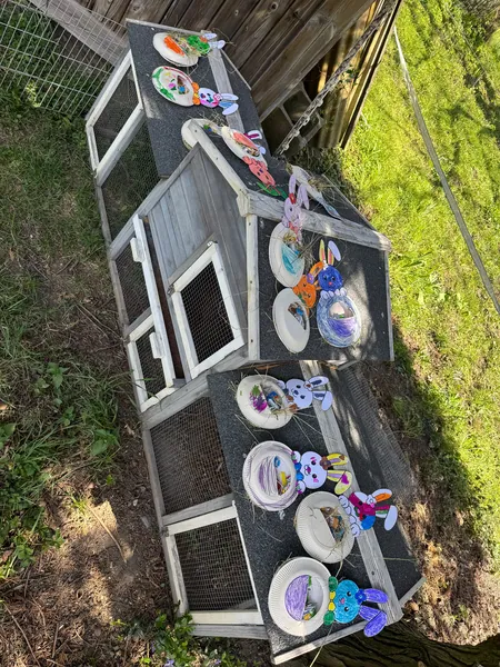Bunte gebastelte Tiermasken liegen auf einer Bank im Freien.